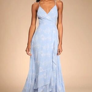 In Love Forever Light Blue Floral Lace-Up High-Low Maxi Dress